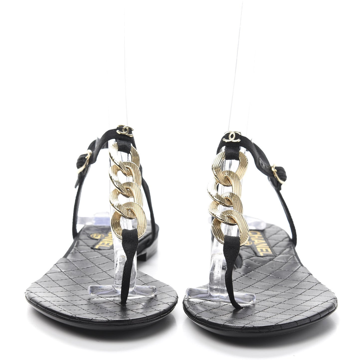 Grosgrain CC Chain Thong Sandals 37 Black Gold