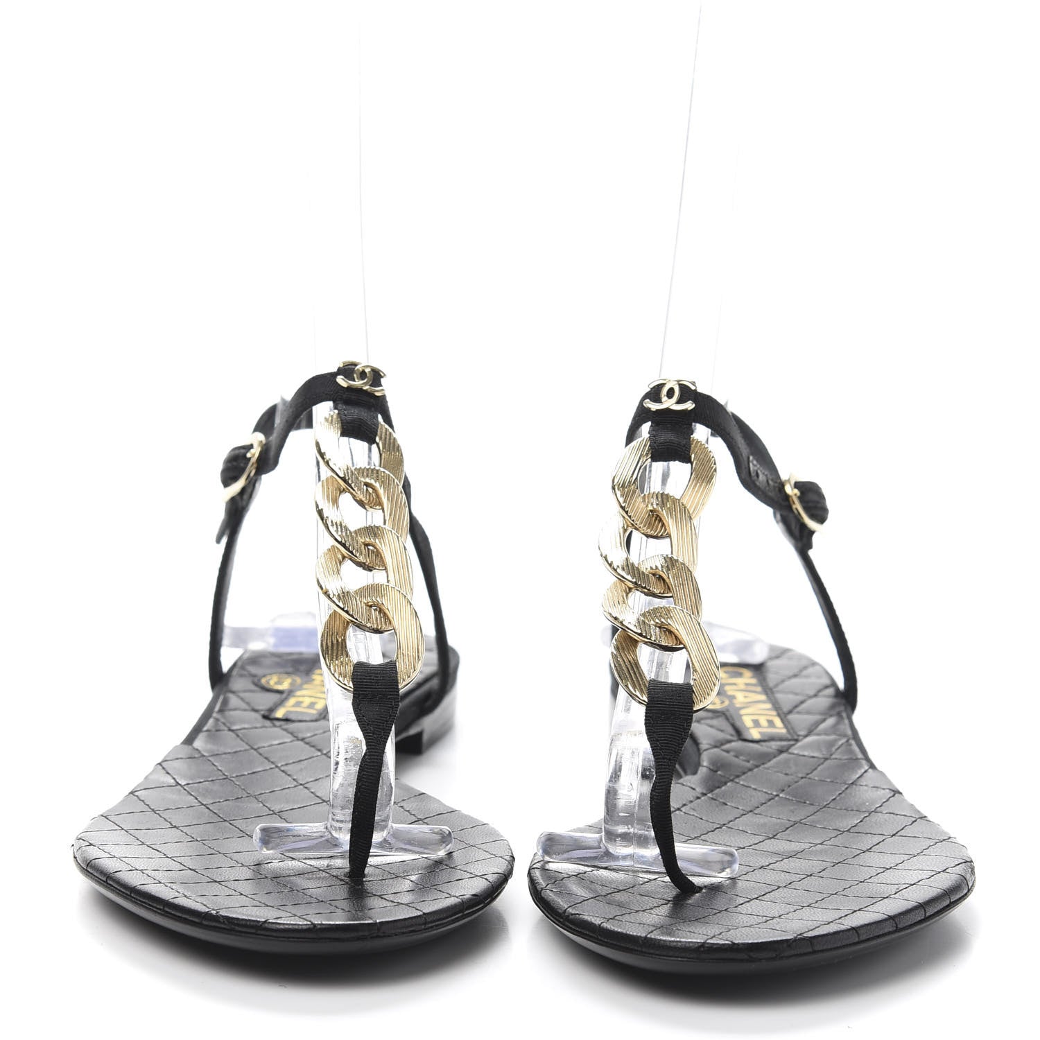 Chanel Grosgrain CC Chain Thong Sandals 37 Black Gold 2 of 7