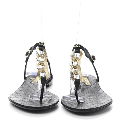 Chanel Grosgrain CC Chain Thong Sandals 37 Black Gold 2 of 7