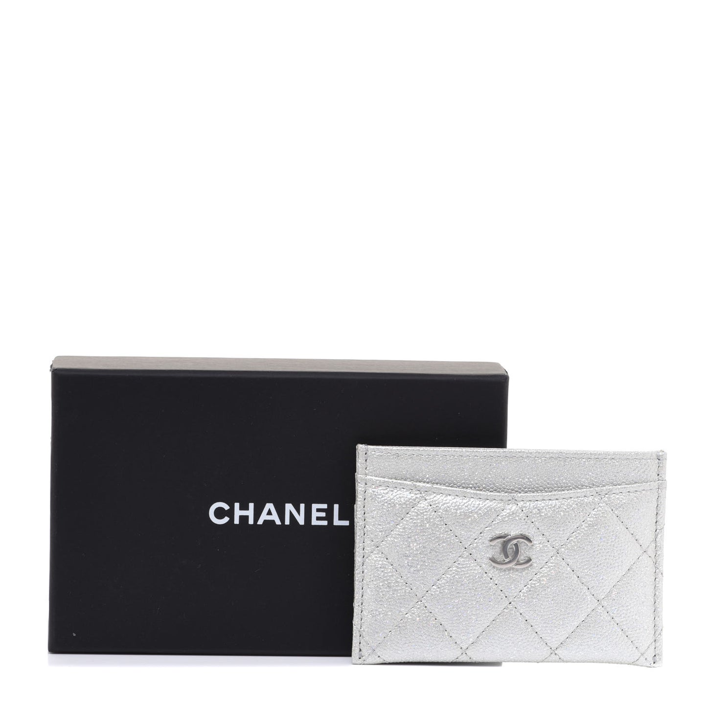Glittered Metallic Caviar Quilted Card Holder Silver