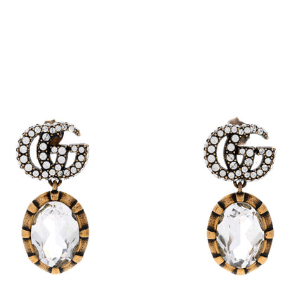 Gucci Metal Crystal Double G Drop Earrings Aged Gold 1 of 7