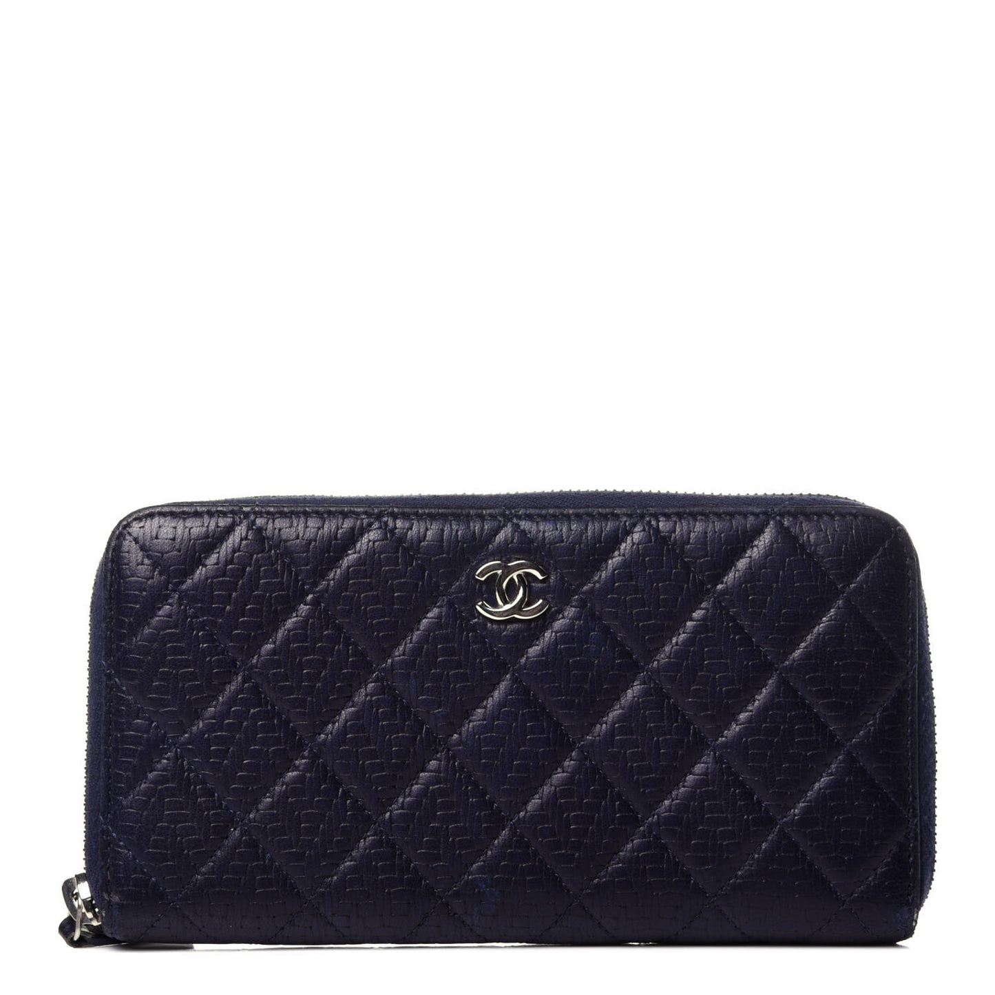 Woven Lambskin Quilted Large Zip Around Wallet Navy
