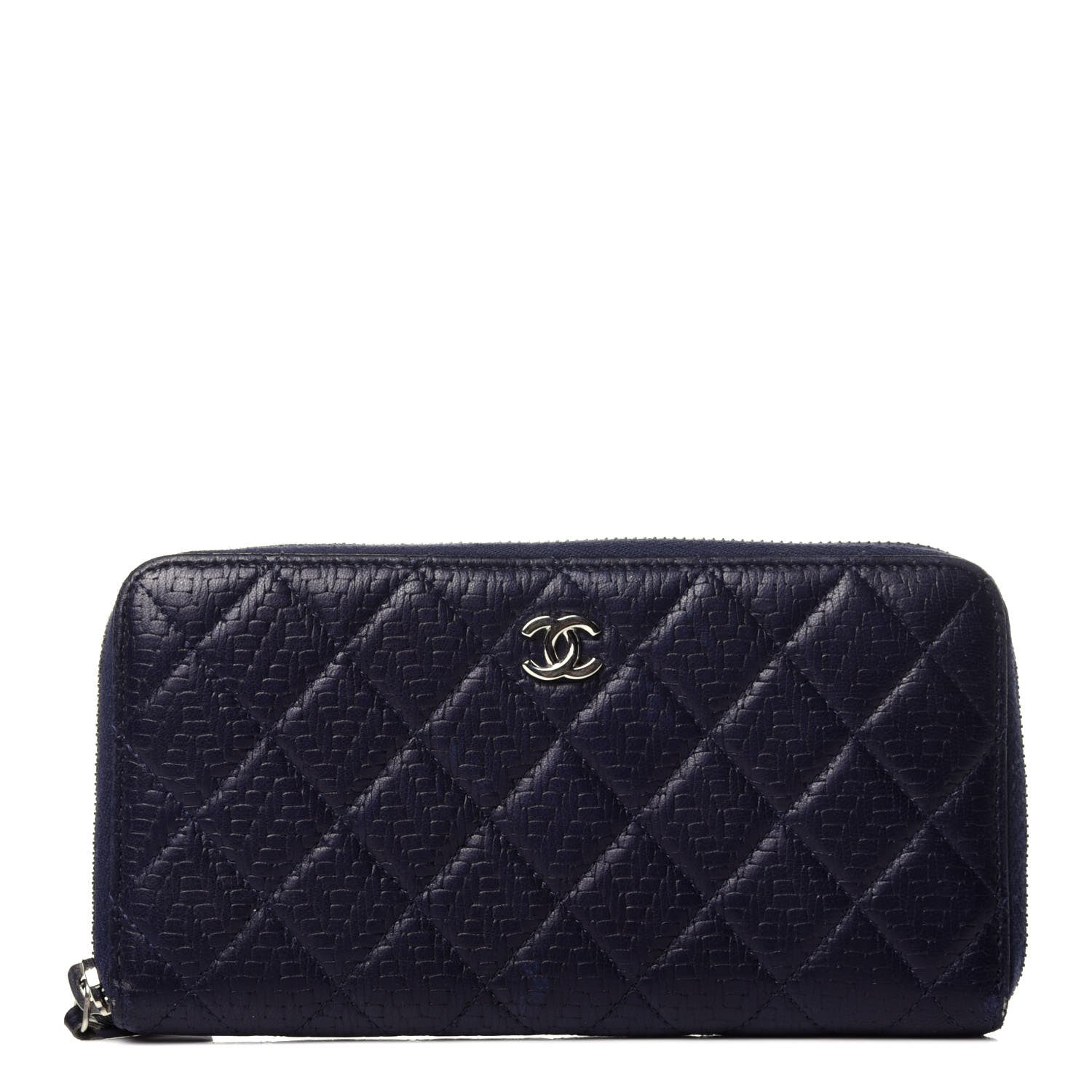 Chanel Woven Lambskin Quilted Large Zip Around Wallet Navy 1 of 14