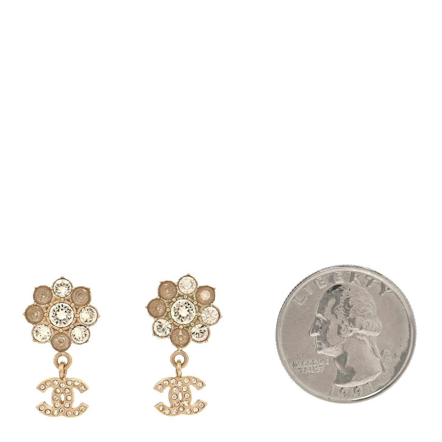 Crystal CC Flower Dangle Earrings Gold Beige