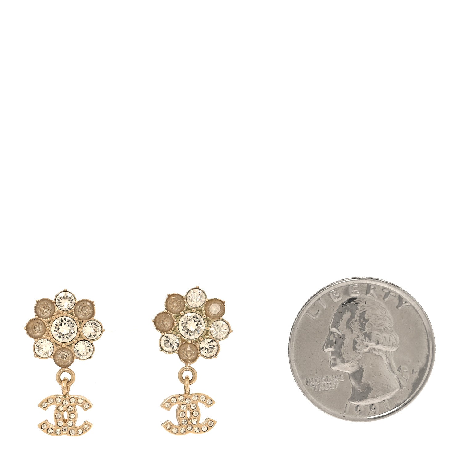 Chanel Crystal CC Flower Dangle Earrings Gold Beige 2 of 5