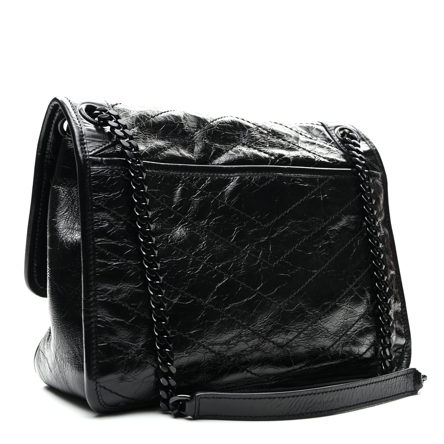 Crinkled Calfskin Matelasse Monogram Medium Niki Chain Satchel Black