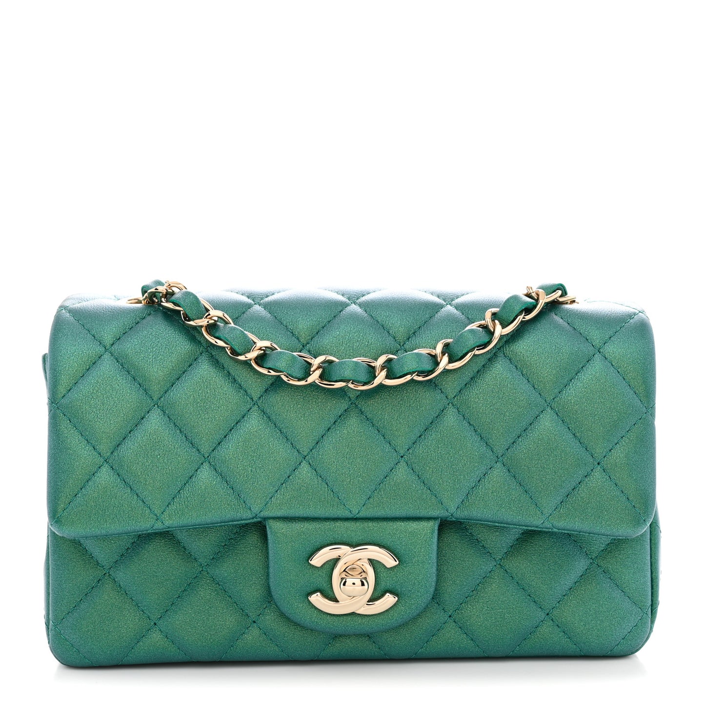 Iridescent Lambskin Quilted Mini Rectangular Flap Green