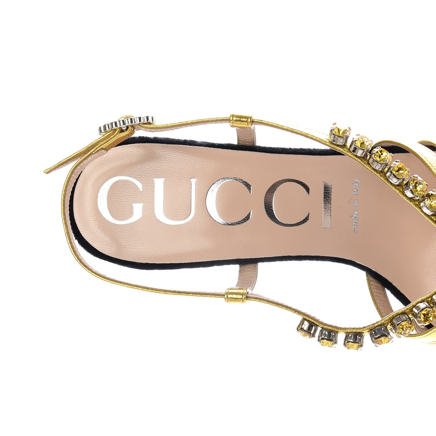 Gucci Velvet Nappa Crystal Zephyra Slingback Platform High Heel Sandals 38.5 Black Gold 7 of 8