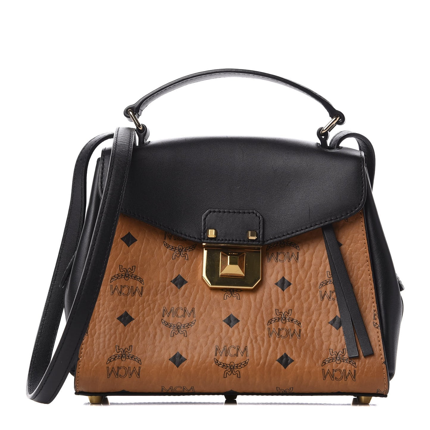 Visetos Calfskin Top Handle Satchel Cognac Black