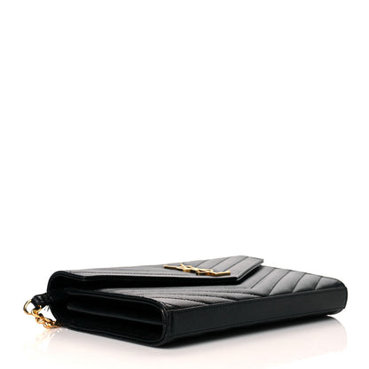 Saint Laurent Grain De Poudre Matelasse Chevron Monogram Chain Wallet Black 4 of 11