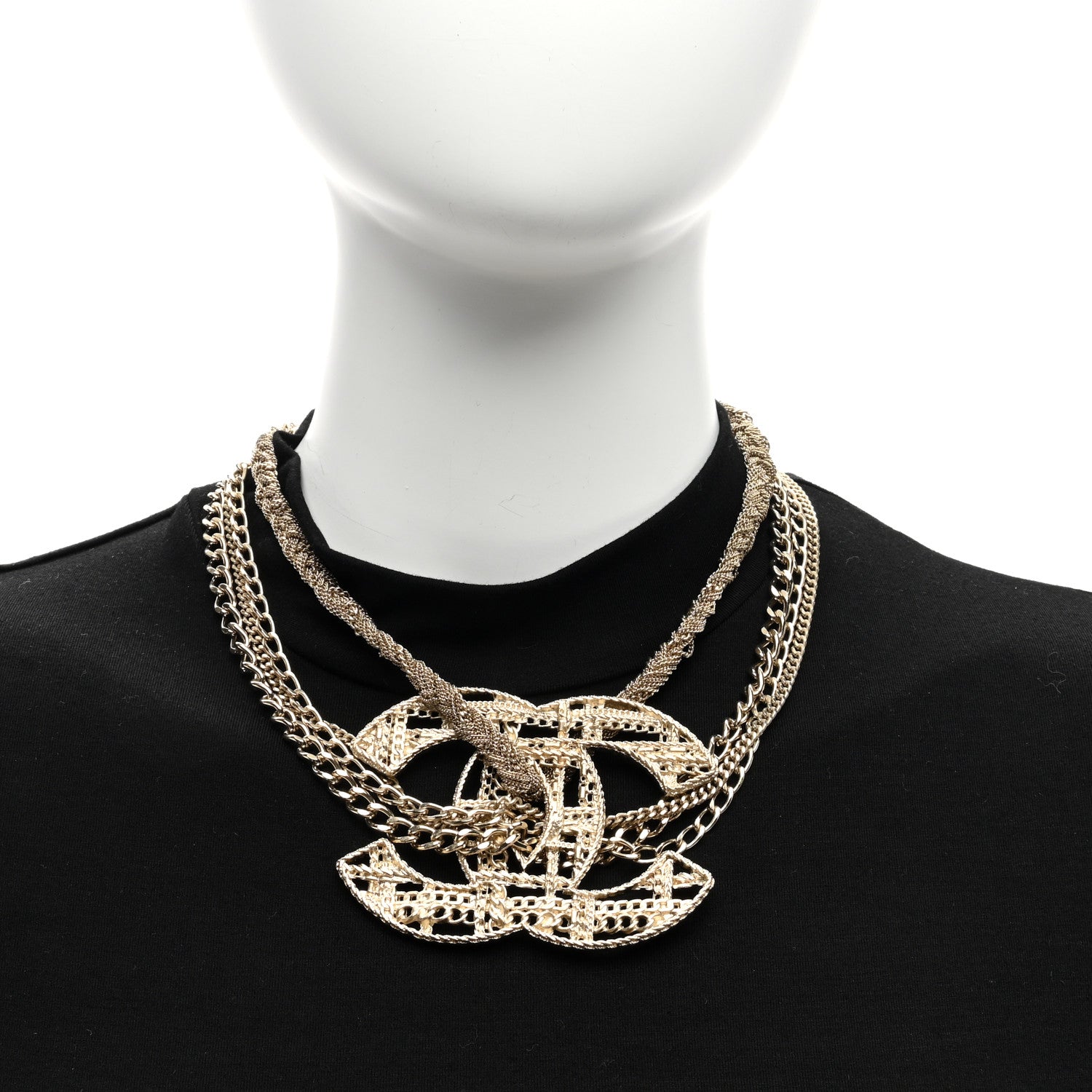 Chanel Tweed Effect Multi Strand CC Large Pendant Necklace Gold 2 of 5