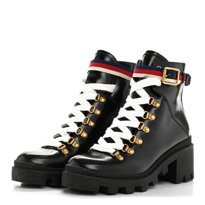 Gucci Calfskin Sylvie Web Womens Lace Up Combat Boots 38 Black 4 of 11