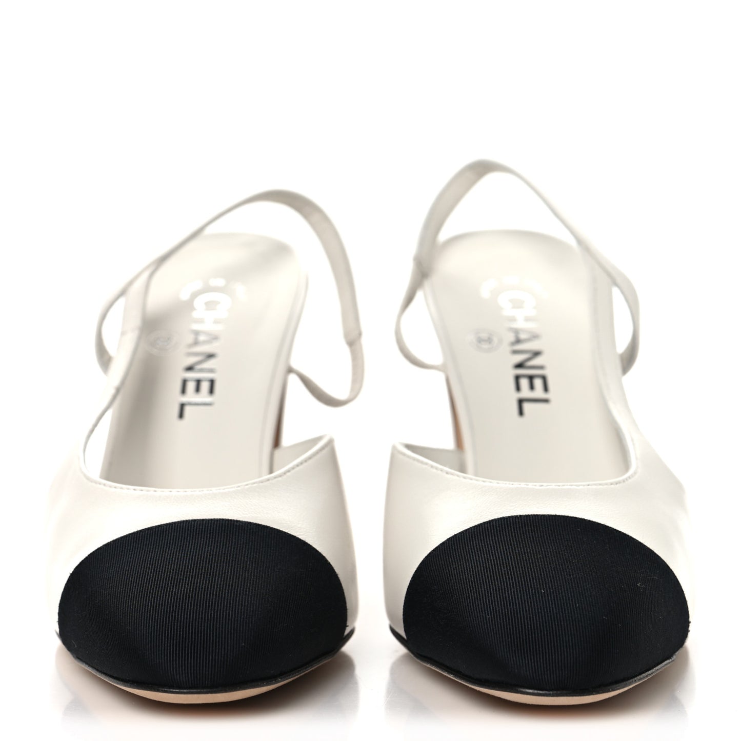 Lambskin Grosgrain Cap Toe CC Slingback Pumps 38.5 White Black