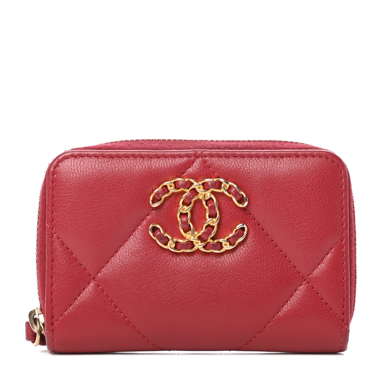 Goatskin Quilted Chanel 19 Zip Around Coin Purse Wallet Red