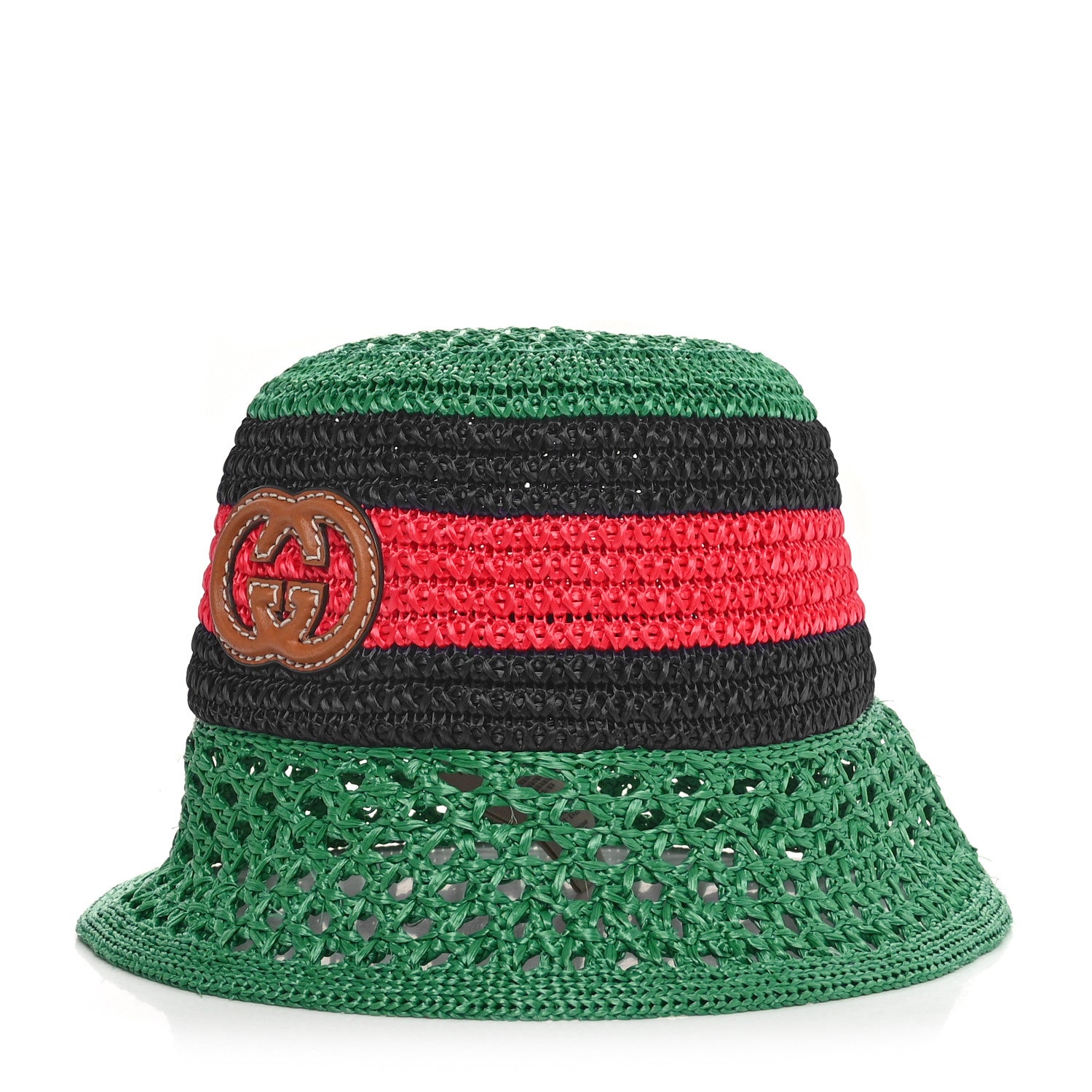 Gucci Raffia Interlocking G Web Bucket Hat S Green Multicolor 1 of 9