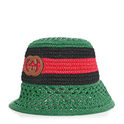 Gucci Raffia Interlocking G Web Bucket Hat S Green Multicolor 1 of 9