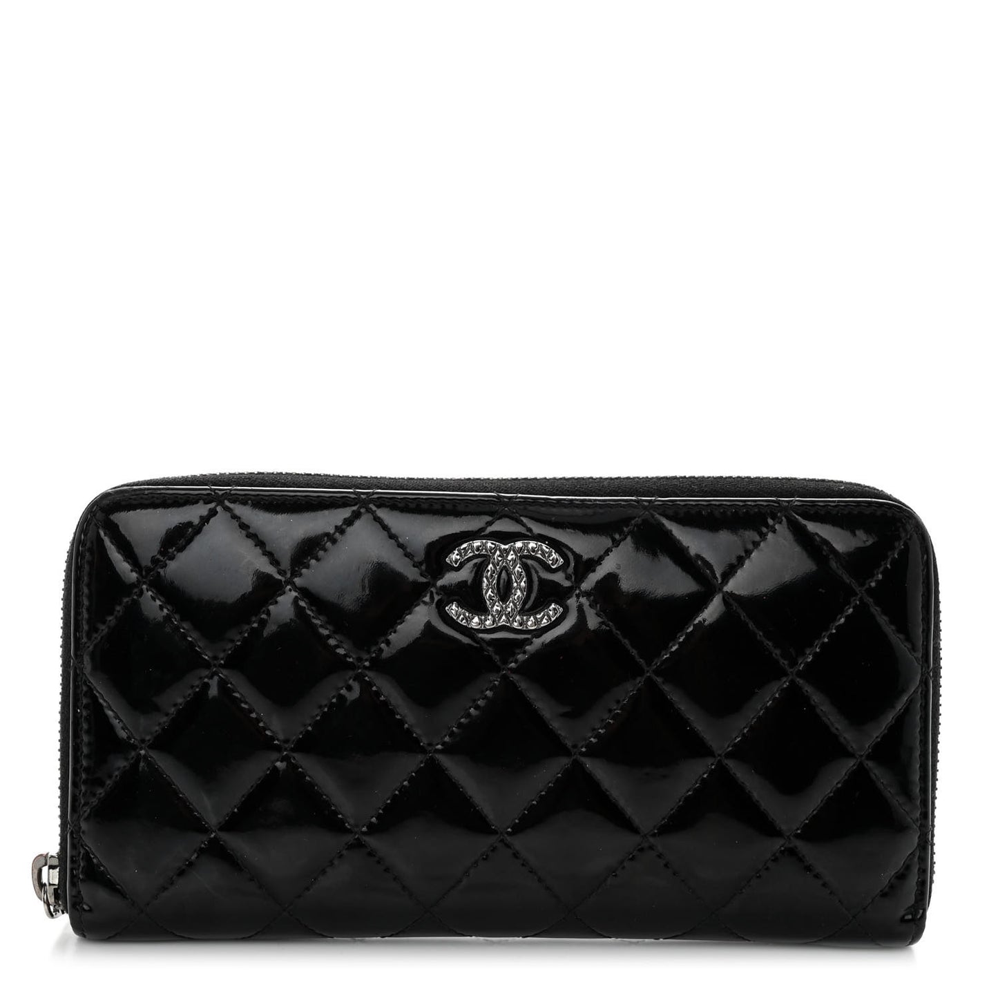 Patent Quilted Zip Around Wallet Black