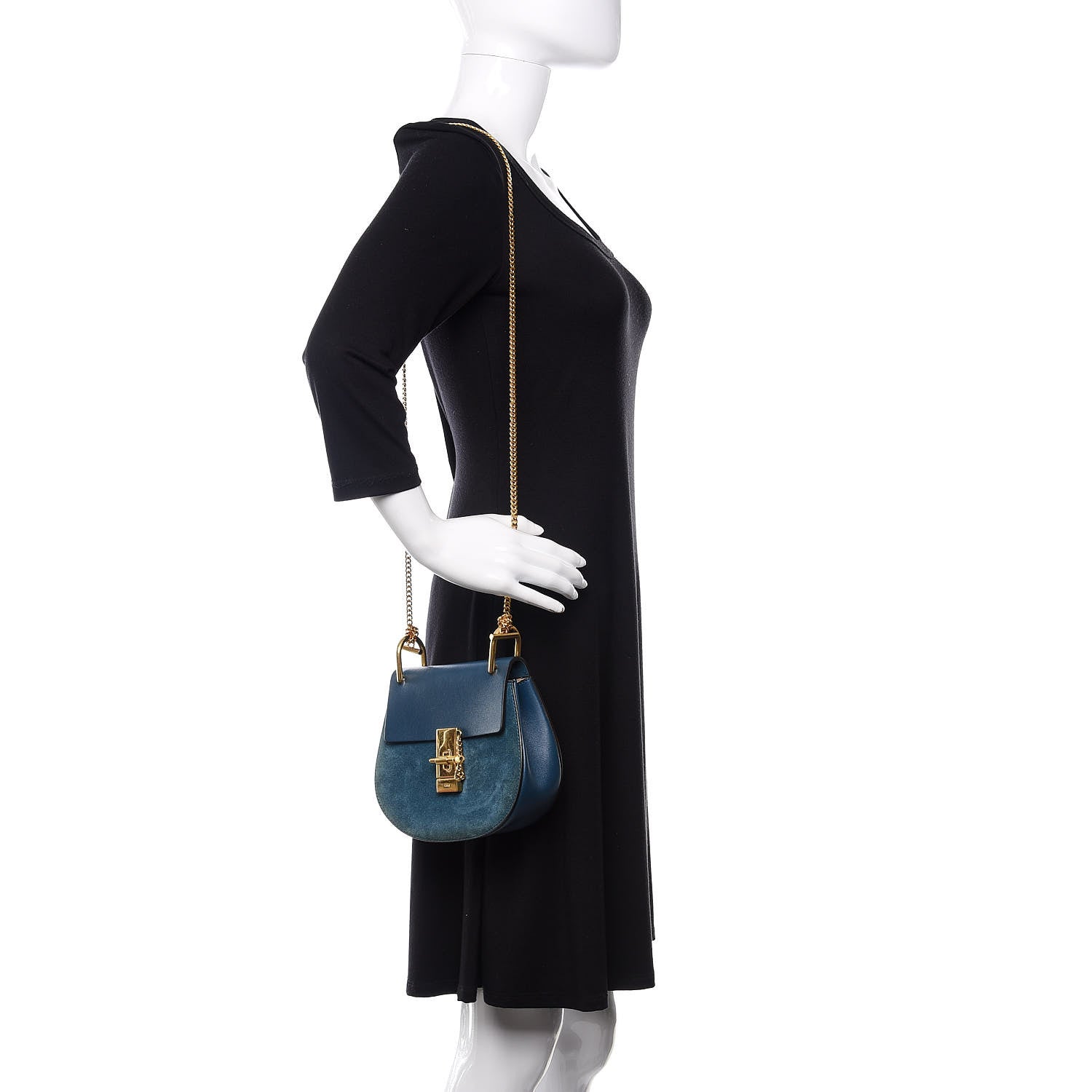 Chloe Suede Smooth Calfskin Mini Drew Shoulder Bag Majolica Blue 2 of 12