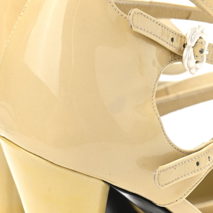 Chanel Patent Camellia Ankle Strap Pumps 38.5 Beige Black 12 of 12