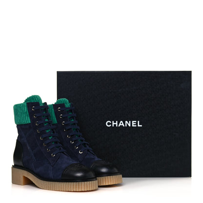 Chanel Suede Calfskin Velvet Quilted CC Combat Boots 38.5 Navy Green Black 9 of 9
