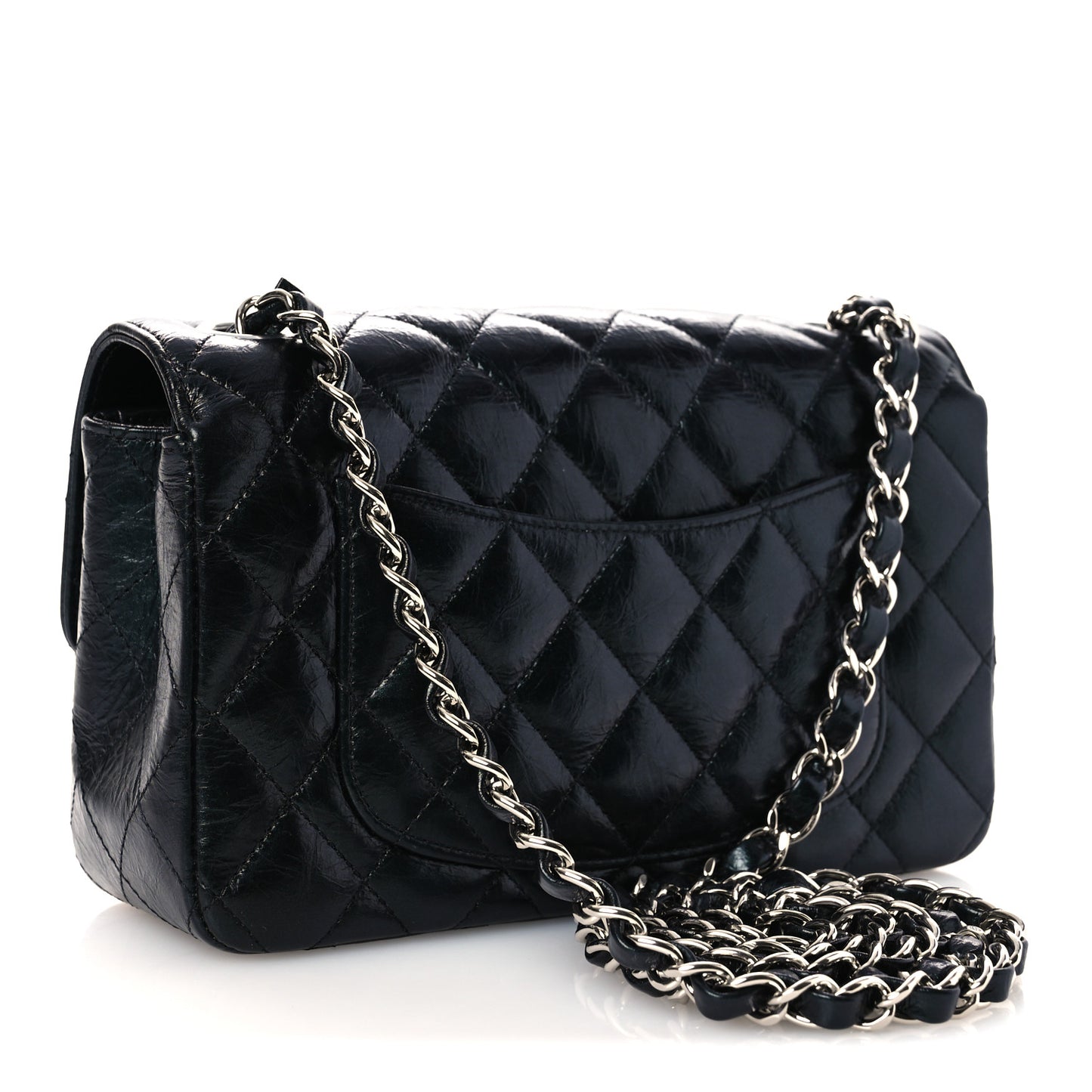 Metallic Aged Calfskin Quilted Mini Rectangular Flap  Green