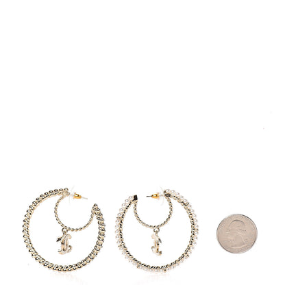 Chanel Crystal Pearl CC Drop Hoop Earrings Gold Pearly White 2 of 5