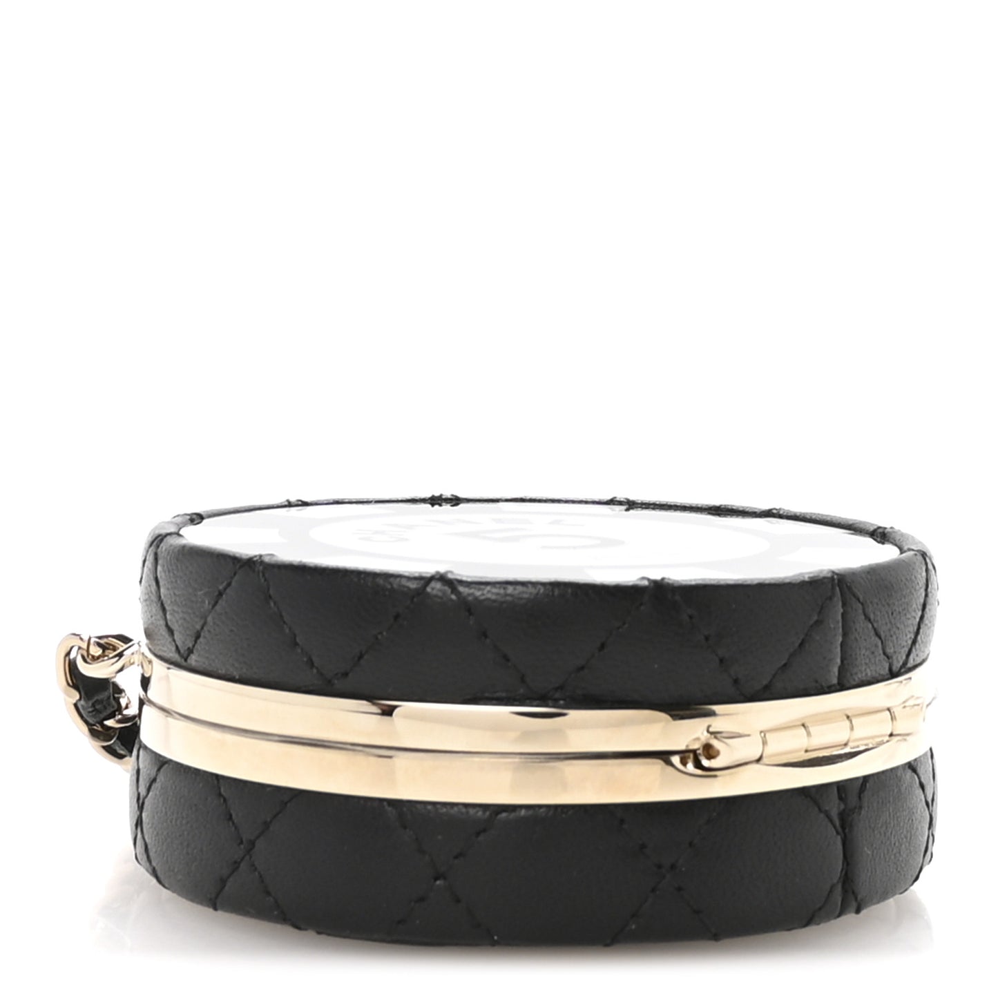 Lambskin Enamel Quilted Round Poker Chip Clutch With Chain Black White
