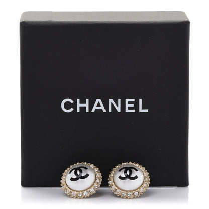 Chanel Crystal Pearl CC Round Earrings Gold Pearly White Black 5 of 5