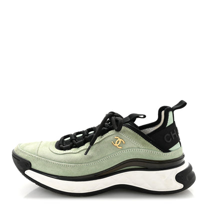 Chanel Suede Calfskin Nylon Grosgrain CC Sneakers 37.5 Light Green 1 of 10
