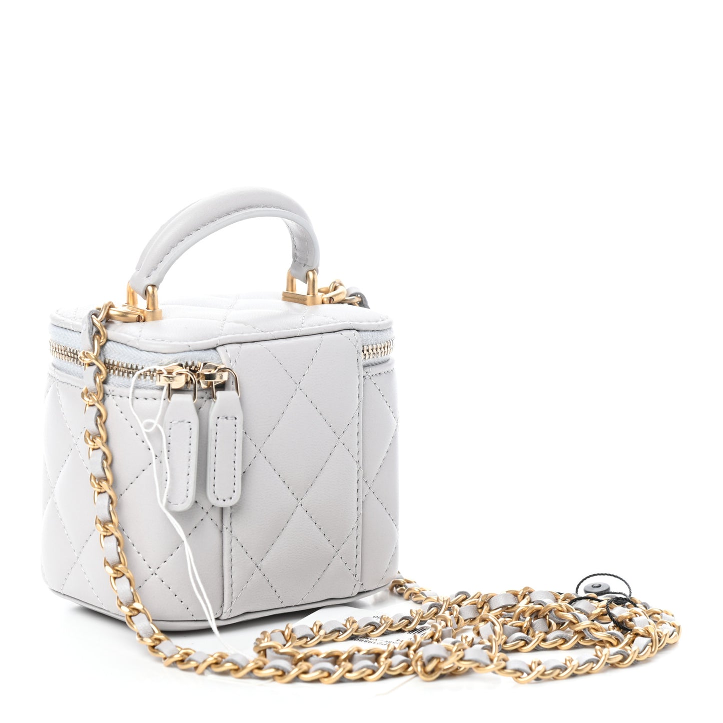 Lambskin Quilted Top Handle Mini Vanity Case With Chain Grey