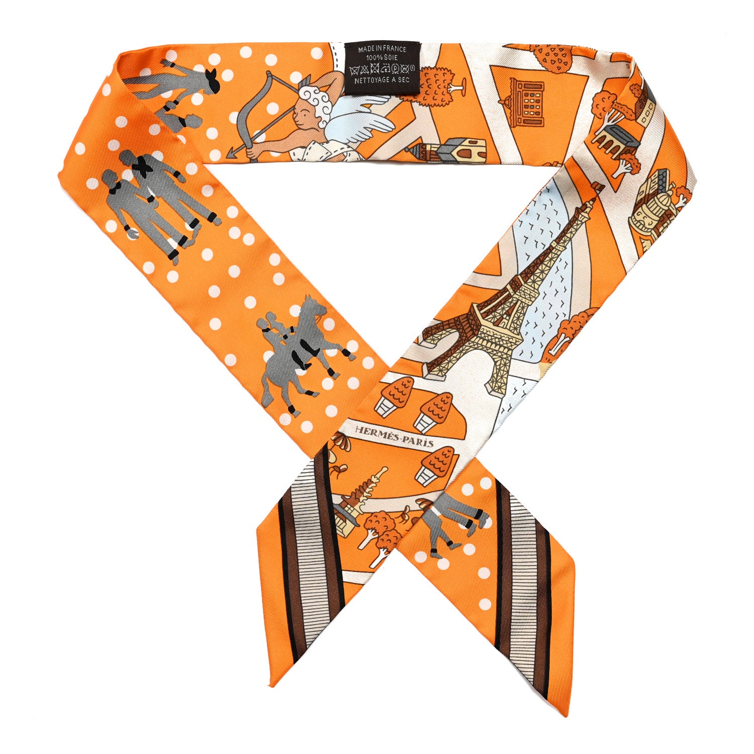 Hermes Silk Les Nouveaux Amoureux de Paris Twilly Orange Ciel Beige 1 of 4