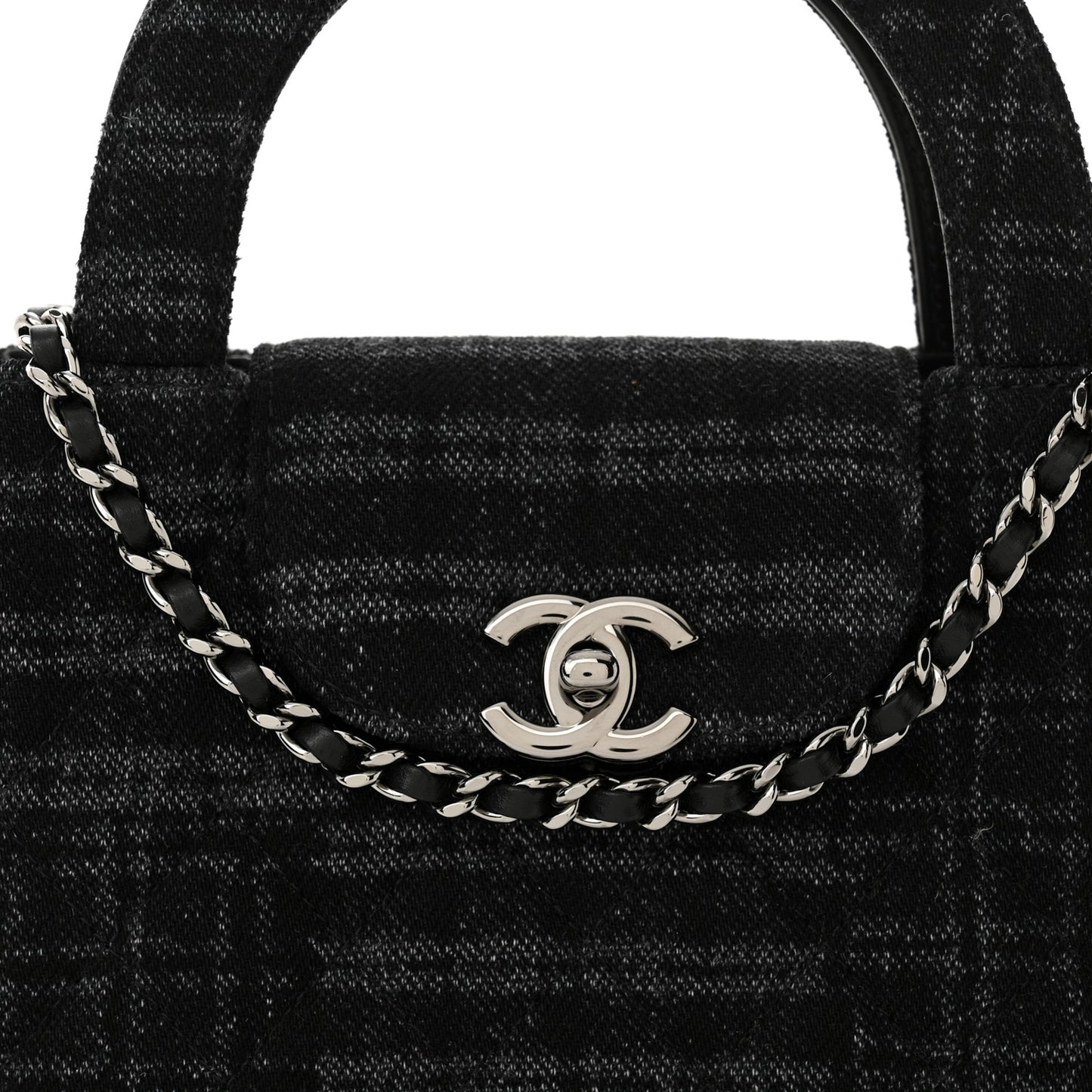 Printed Denim Quilted Nano Kelly Shopper Black Grey