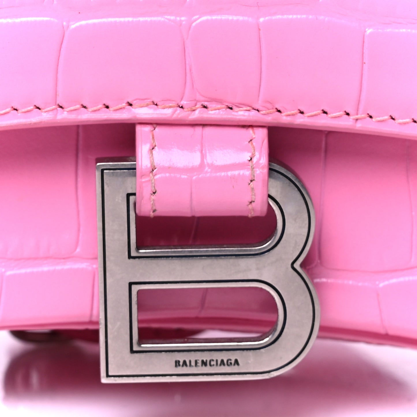 Shiny Calfskin Crocodile Embossed Hourglass Top Handle Bag XS Baby Pink