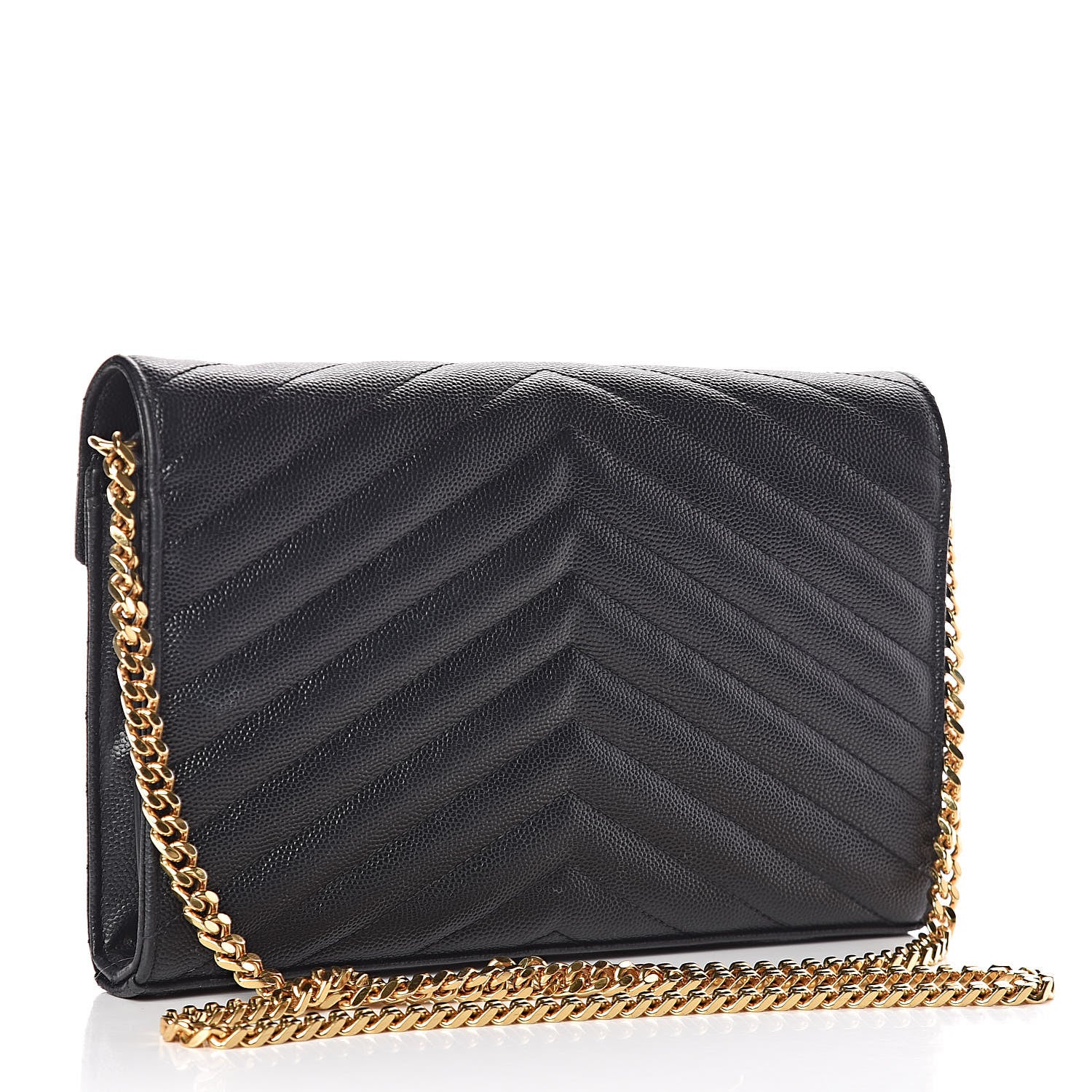Saint Laurent Grain De Poudre Matelasse Chevron Monogram Chain Wallet Black 3 of 14