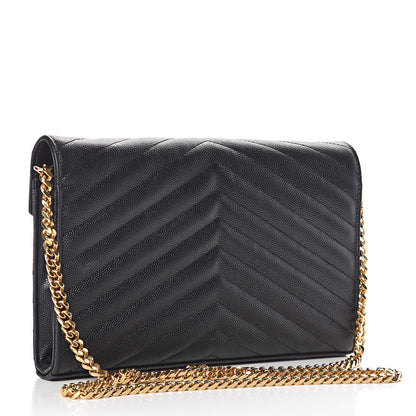Saint Laurent Grain De Poudre Matelasse Chevron Monogram Chain Wallet Black 3 of 14