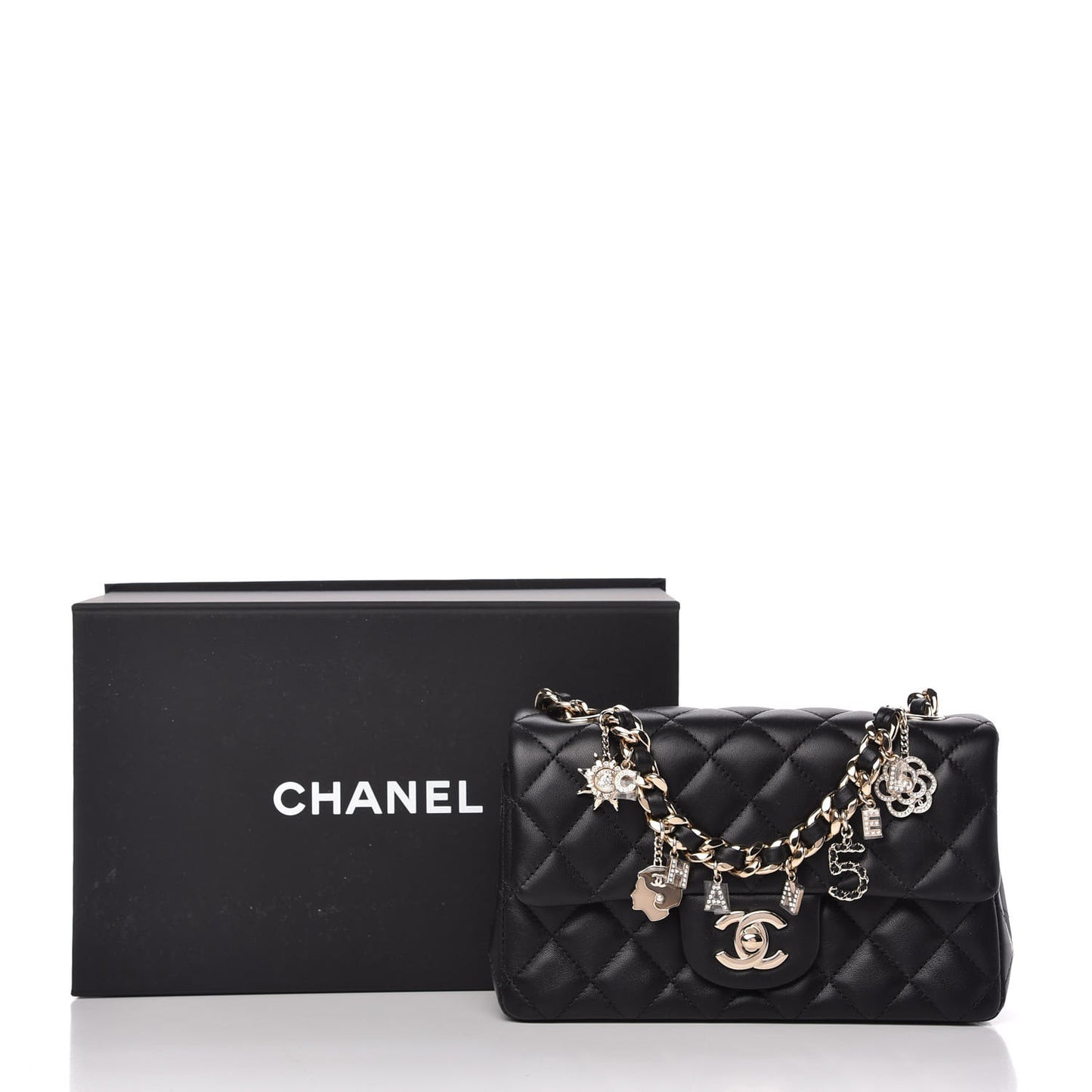 Lambskin Quilted Mini Coco Charms Rectangular Flap Black