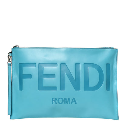 Fendi Vitello King Logo Embossed Large Flat Pouch Azzuro Baby 1 of 13