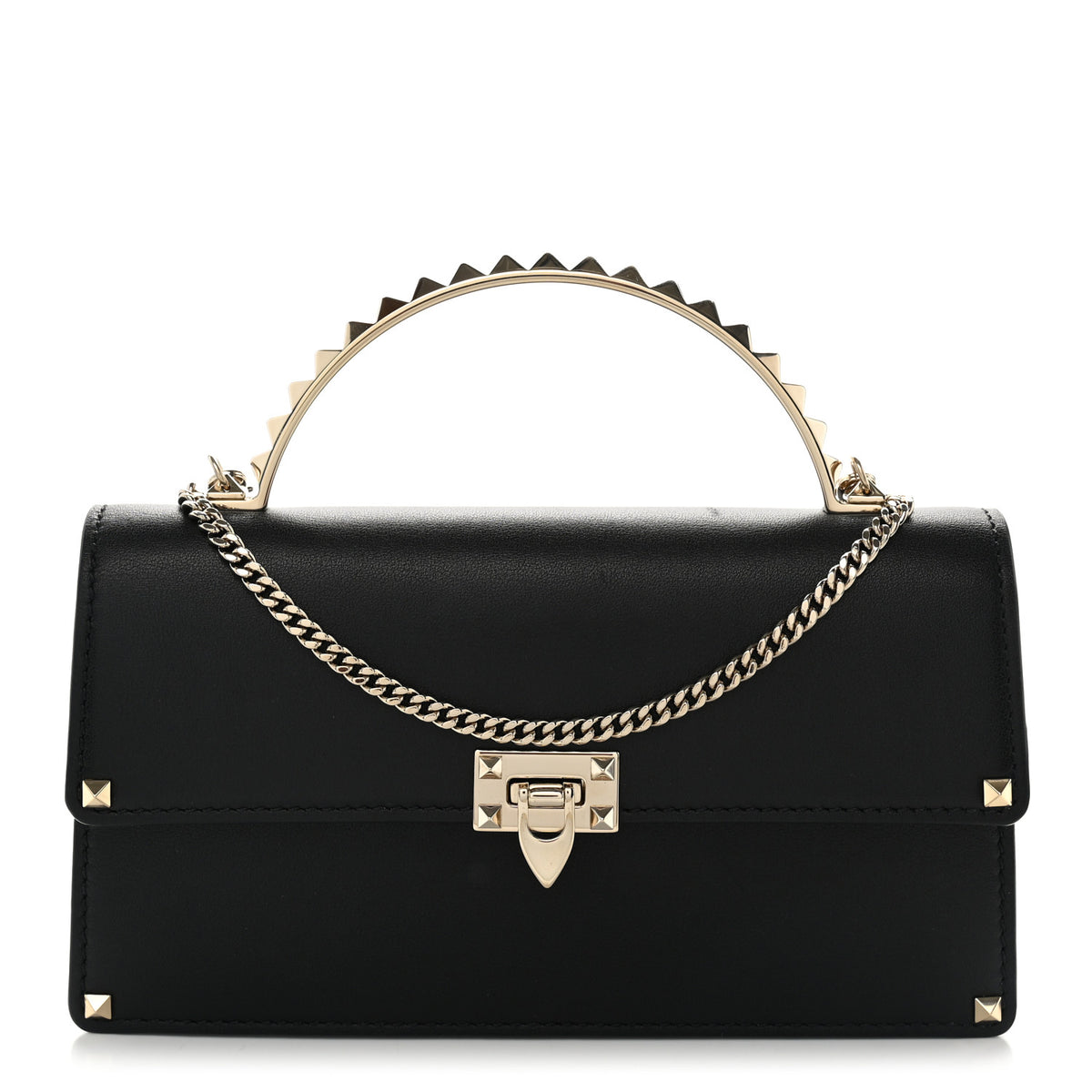 Calfskin Rockstud Flip Lock Top Handle Bag Black