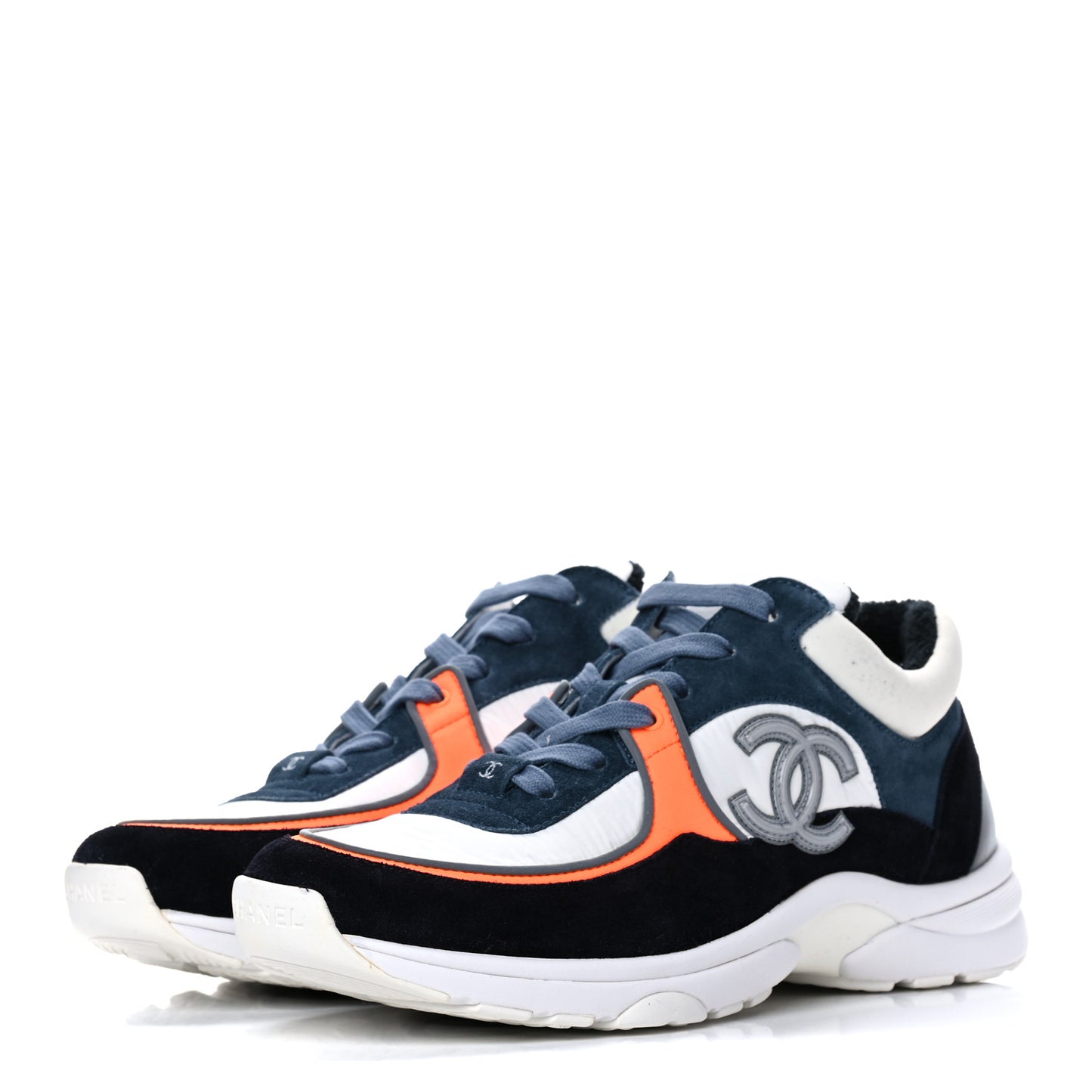 Nylon Calfskin Suede CC Womens Sneakers 39 Navy White Orange