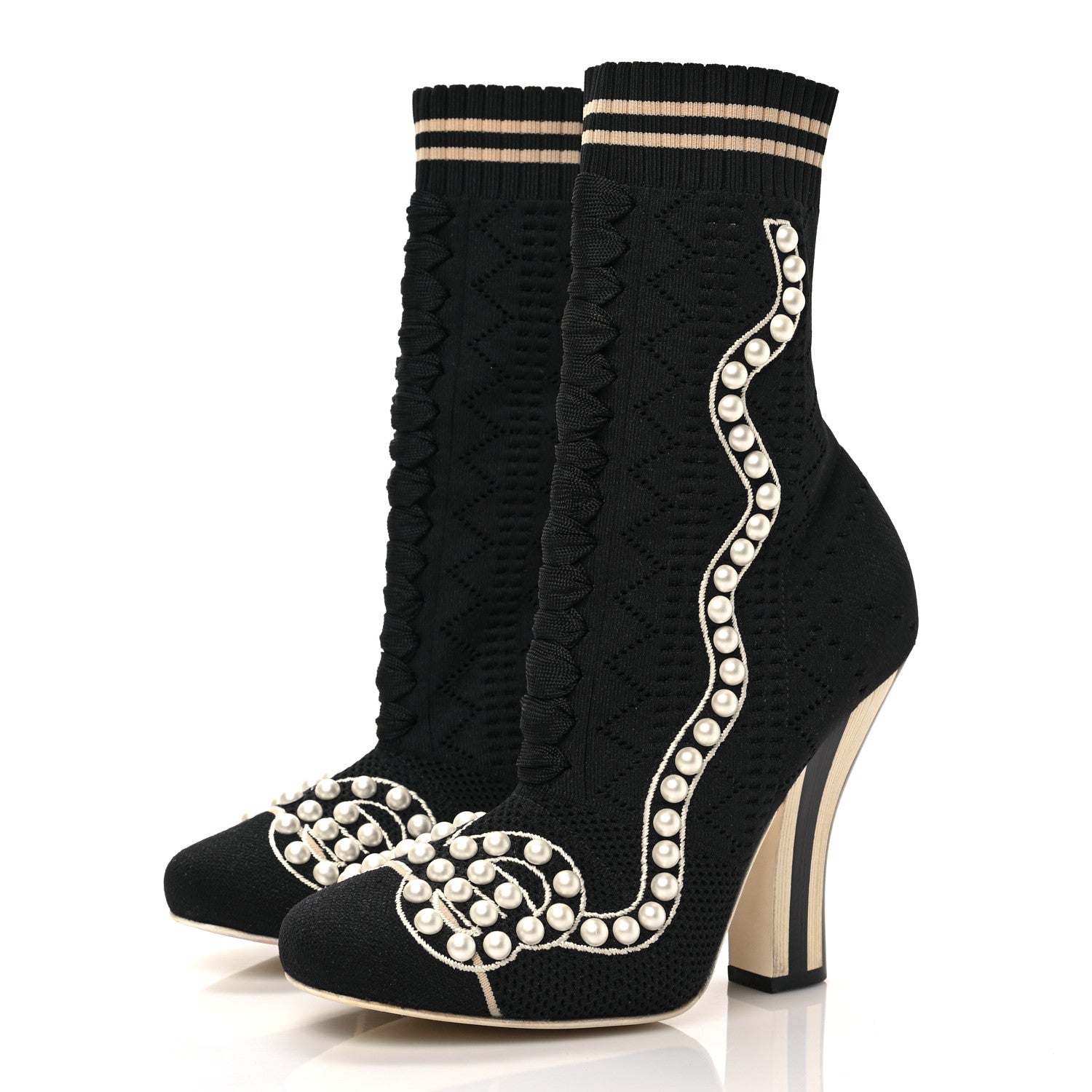 Fendi Stretch Fabric Pearl Embellished Openwork Rockoko 105mm Sock Boots 37 Black 3 of 6