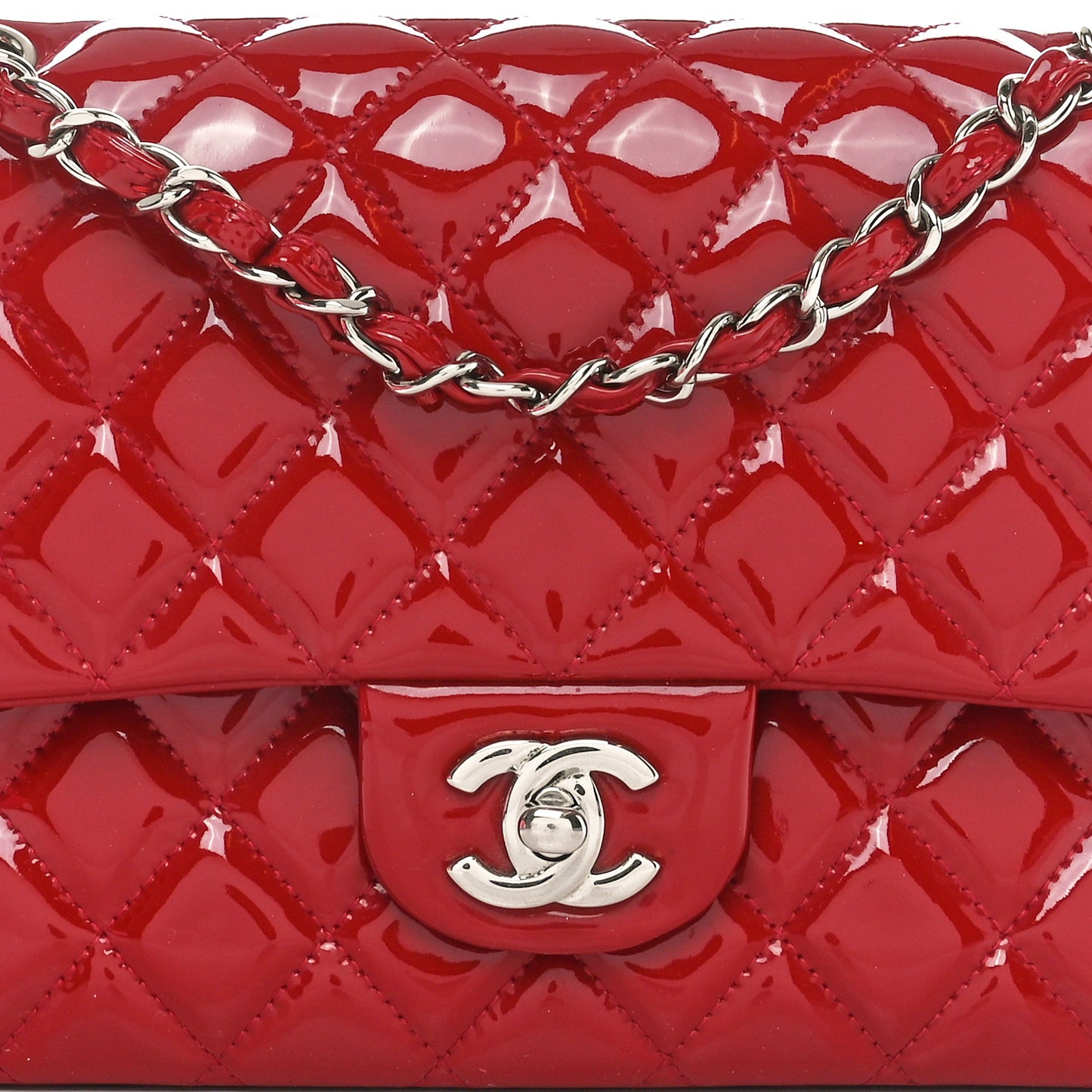 Patent Calfskin Quilted Medium Double Flap Red