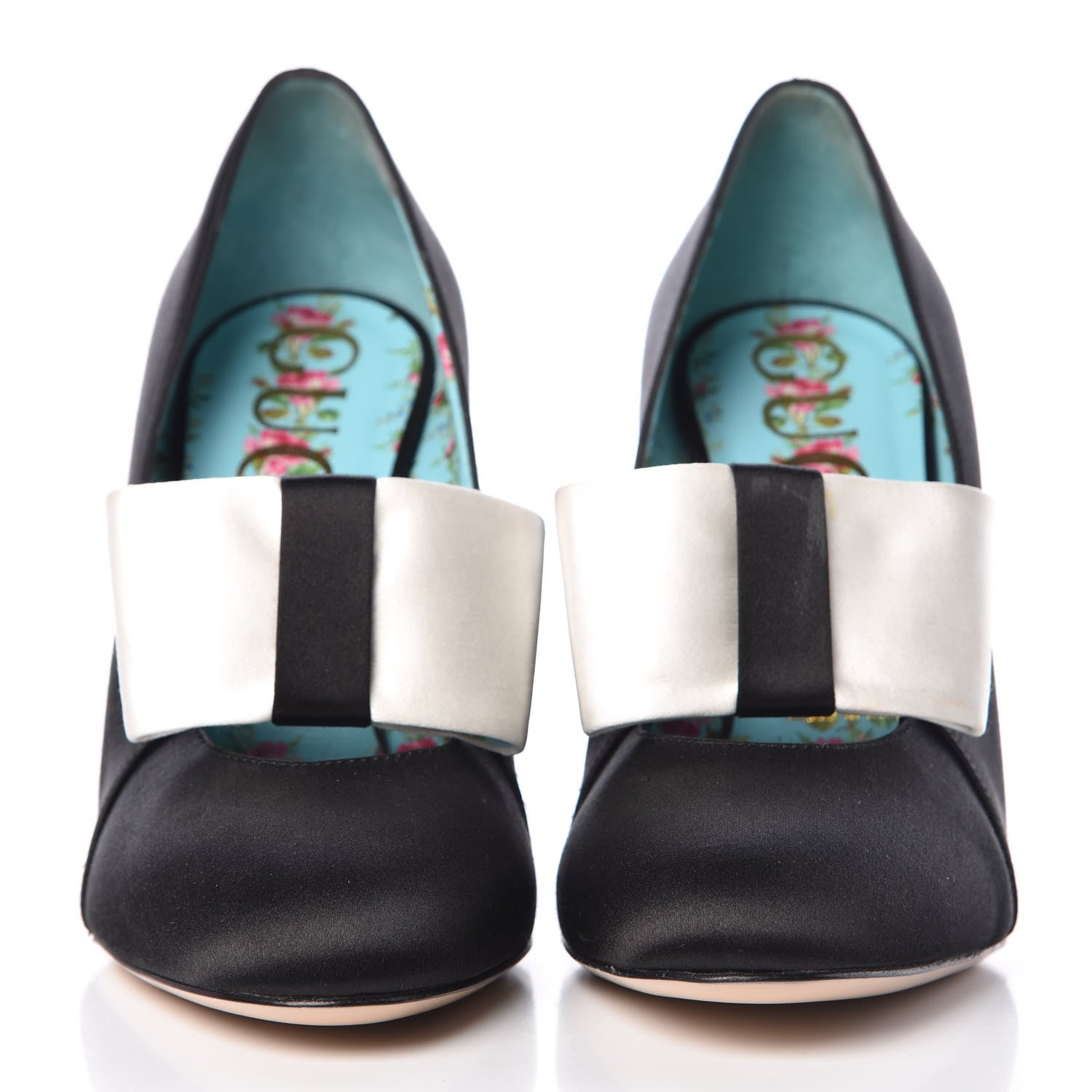 Gucci Silk Satin Pearl Studded Luna Bow Pumps 39 Black Gold Beige 2 of 12