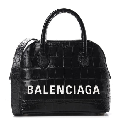 Balenciaga Calfskin Logo Crocodile Embossed XXS Ville Top Handle Bag Black White 1 of 10