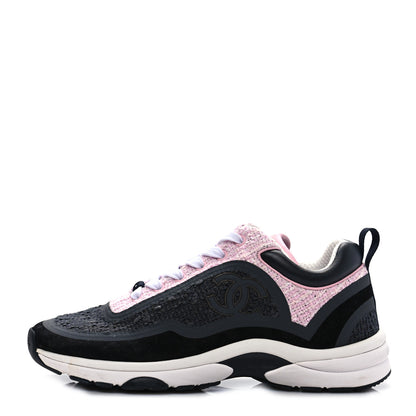 Chanel Tweed Suede Calfskin CC Sneakers 37 Gray Pink 1 of 8