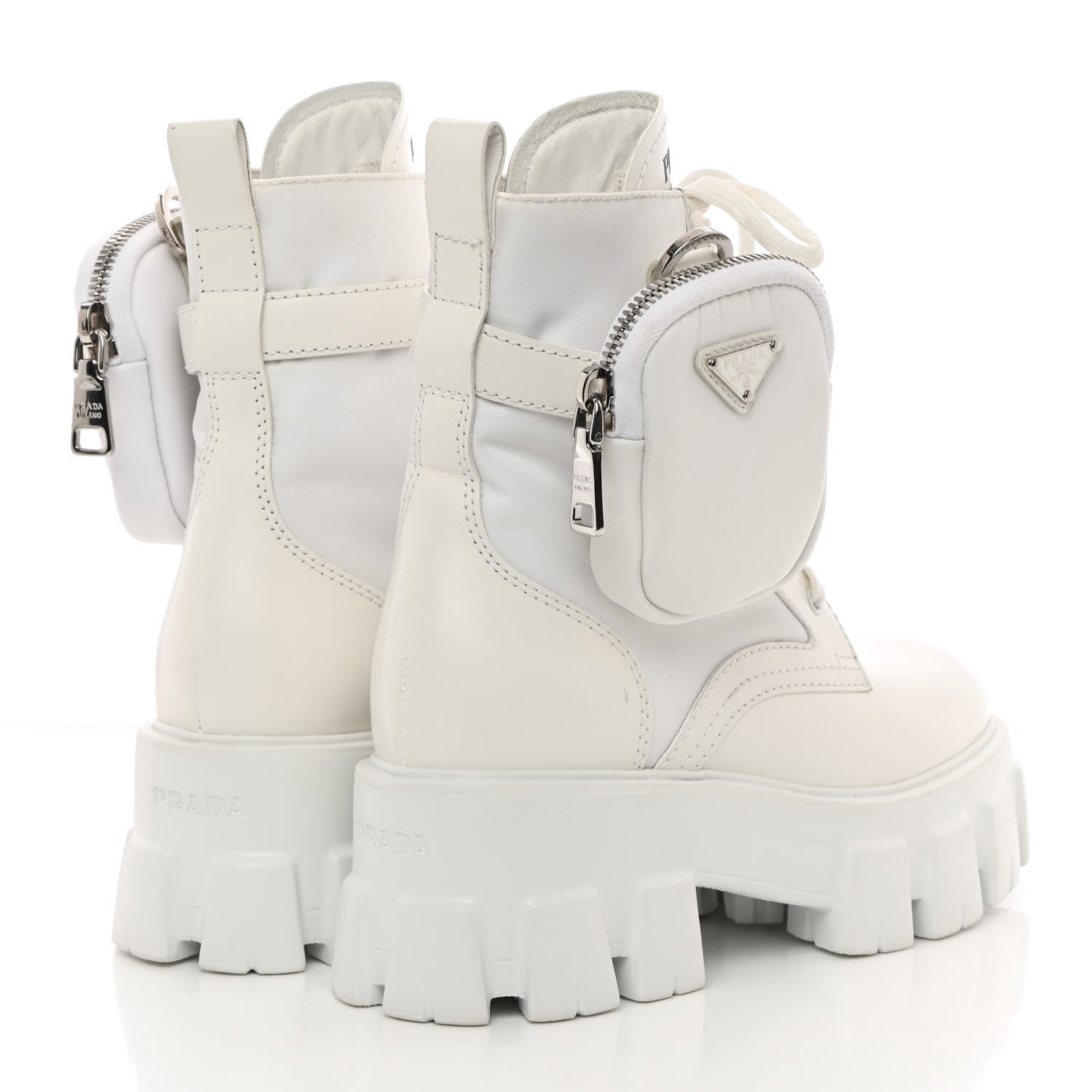 Prada Spazzolato Rois Re-Nylon Metal Triangle Logo Monolith Pouch Pocket 55mm Boots 35 White 4 of 16