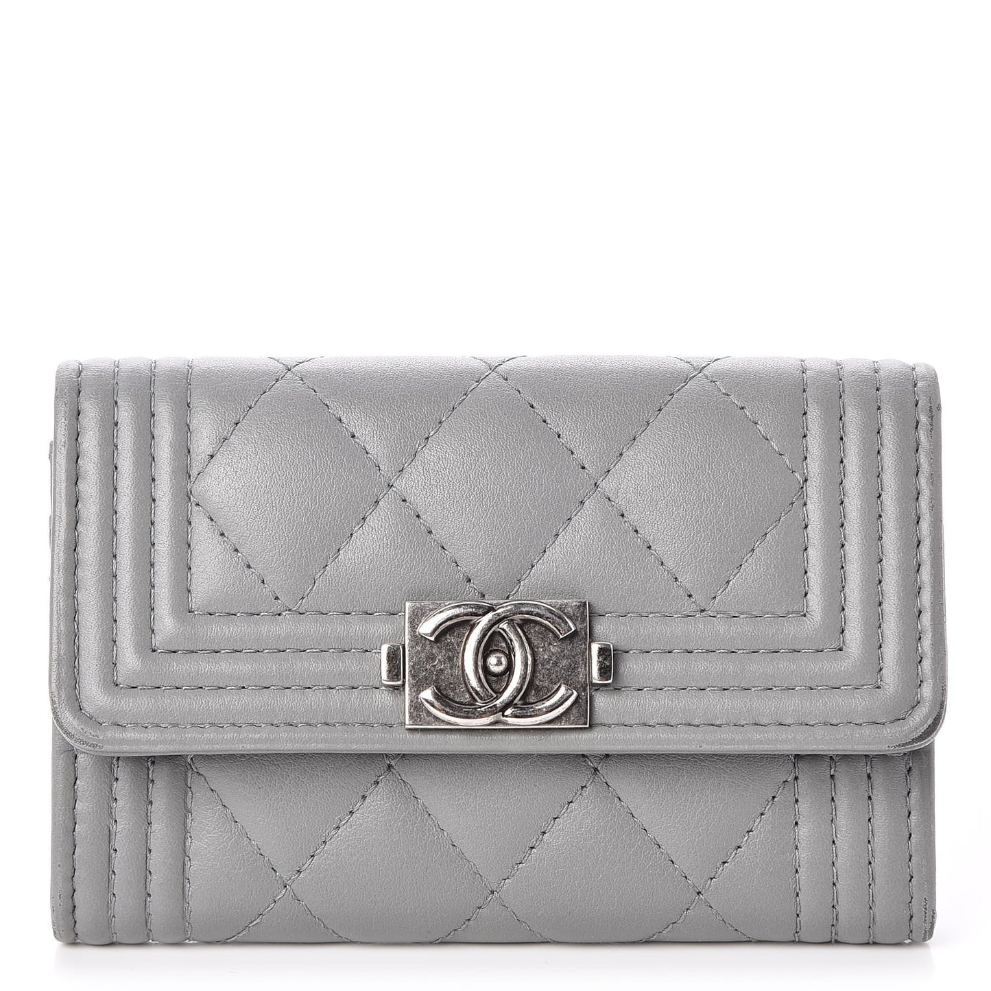 Lambskin Quilted Boy Card Holder Wallet Grey