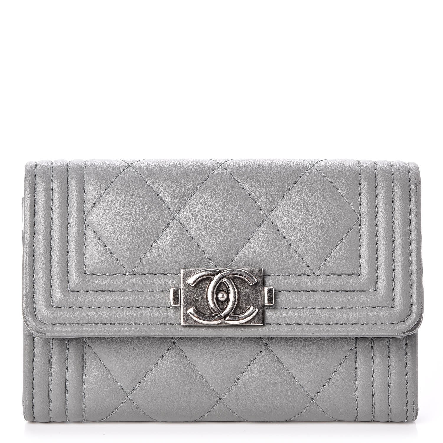 Chanel Lambskin Quilted Boy Card Holder Wallet Grey 1 of 11