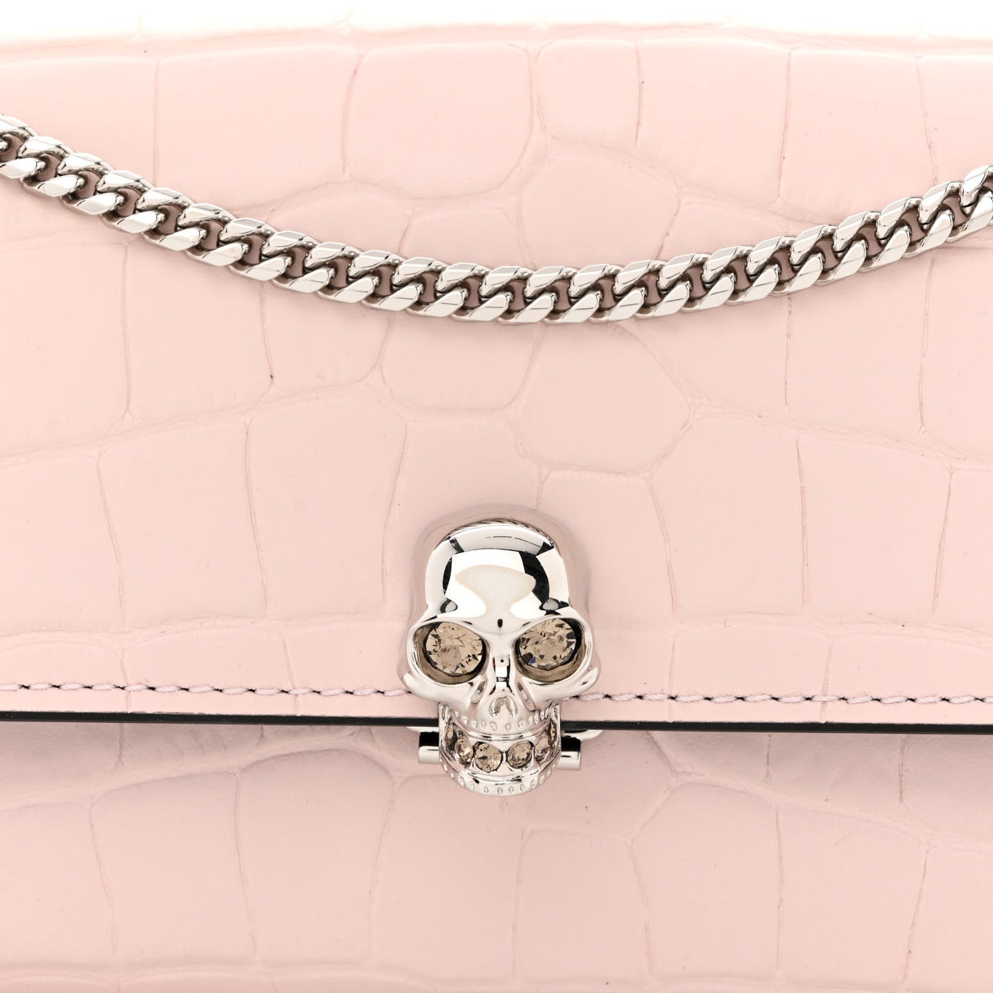 Calfskin Crocodile Embossed Skull Wallet on Chain Baby Pink
