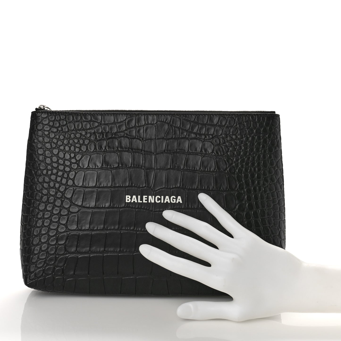 Semi Matte Calfskin Logo Crocodile Embossed Cash Gusseted Pouch Black White