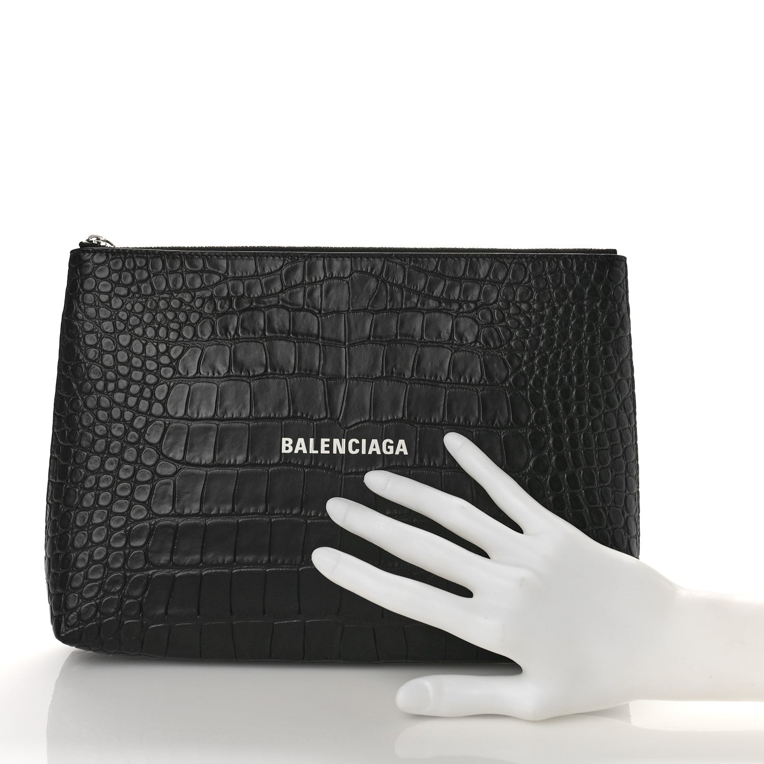 Balenciaga Semi Matte Calfskin Logo Crocodile Embossed Cash Gusseted Pouch Black White 2 of 8